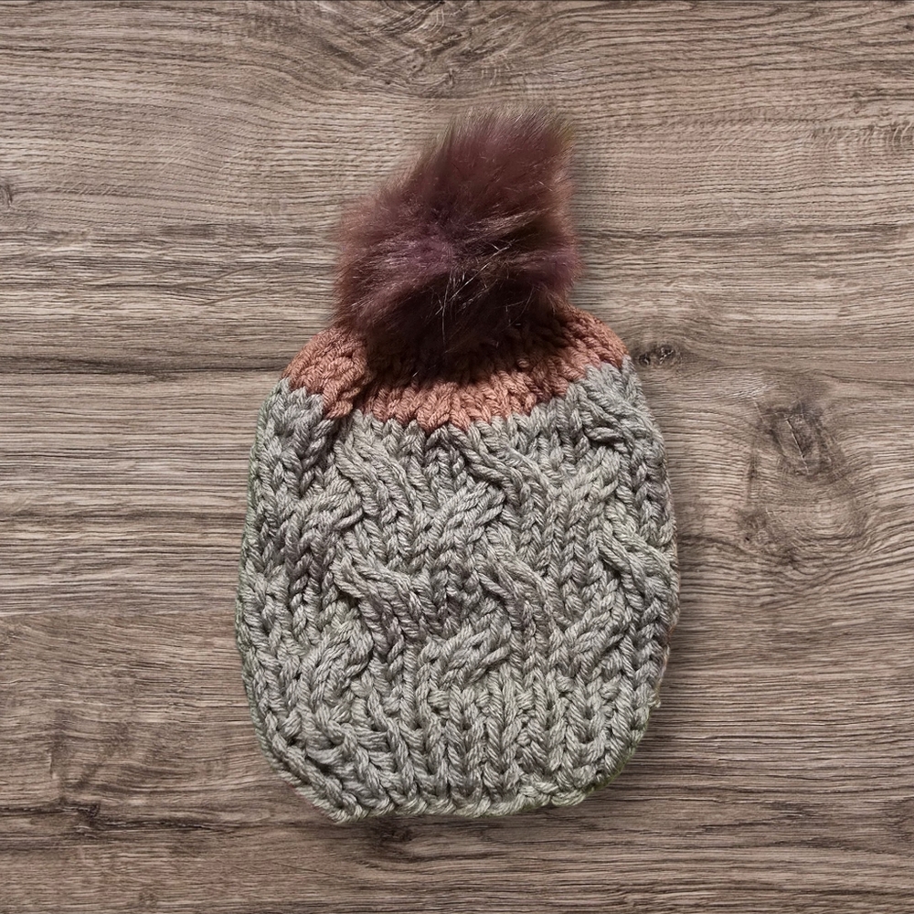 Handmade Knitted Toddler Green and Brown Winter Hat with PomPom